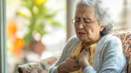 Elderly woman experiencing chest discomfort at home during the day