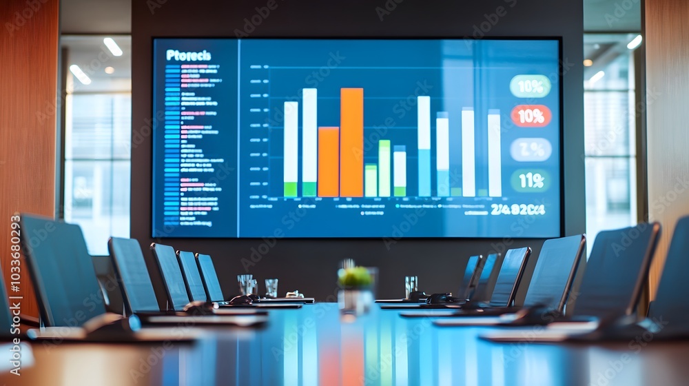 Poster conference room with a large screen displaying a bar graph and percentages