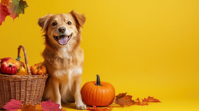 Happy dog surrounded by autumn leaves and pumpkins in a fall setting