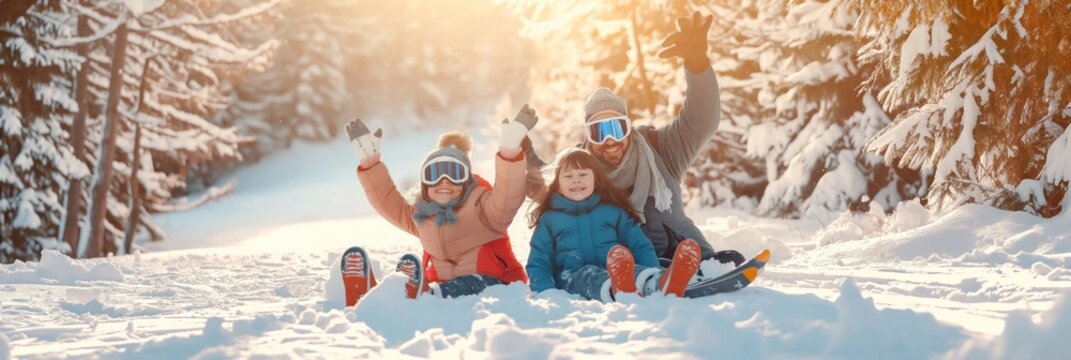 A joyful family has a great time during their winter vacation in the snow. Its a perfect illustration of holiday fun, playful activities, and the strong bonding shared among family members
