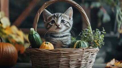 Plakat Cute kitten sitting in a basket surrounded by vegetables in autumn