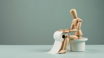 Wooden mannequin sitting on a toilet while reading a roll of toilet paper in a minimalistic studio setting