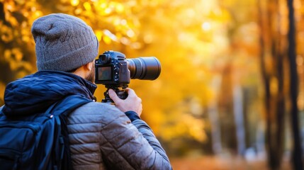 Fototapeta premium Photographer capturing autumn scenery in a vibrant forest