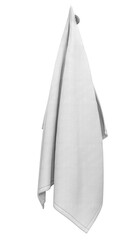 Towel mockup hanging on hanger and hook mockup for design, branding, advertising. Empty of fluffy isolated fabric for luxury hotel or hospital or perfumed towel in resort, spa, bathroom template