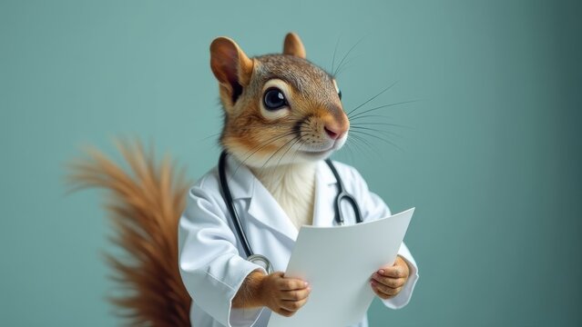 A squirrel dressed as a doctor holds a medical report while standing against a light blue background