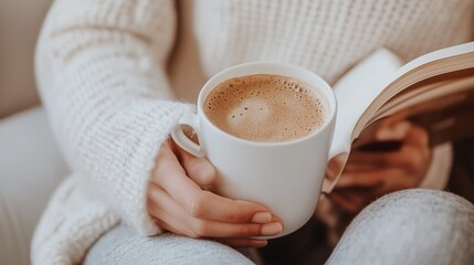 Enjoying a cozy morning with coffee and a good book while relaxing indoors in a comfortable sweater