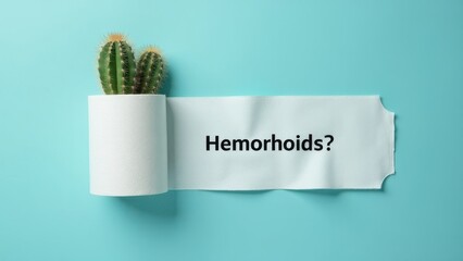 Cactus in a pot with a humorous message about hemorrhoids against a pastel blue background