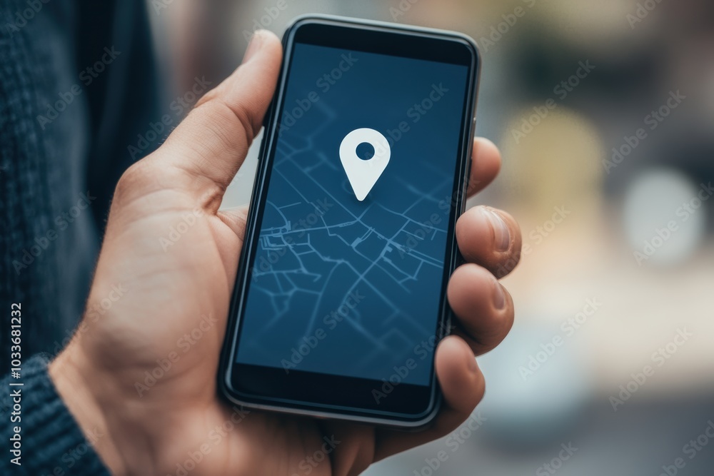 Aufkleber a male hand grips a mobile phone with a location pin visible on the screen, indicating navigation in