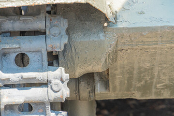 Military war tank. Part of the weapon in close up. Military khaki coloring. Metal weapons. Arms supplies for Ukraine. Ukrainian and Russian tanks, detail of weapons from the Russian-Ukrainian war.