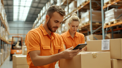 Warehouse efficiency enhanced by real-time inventory systems, barcode scanning, and uniformed workers efficiently managing stock with handheld devices, an organized, modern warehouse setting.