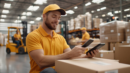 A busy modern warehouse, uniformed workers scanning barcodes on packages with handheld devices, digital inventory systems display real-time stock levels, streamlining logistics and order processing.