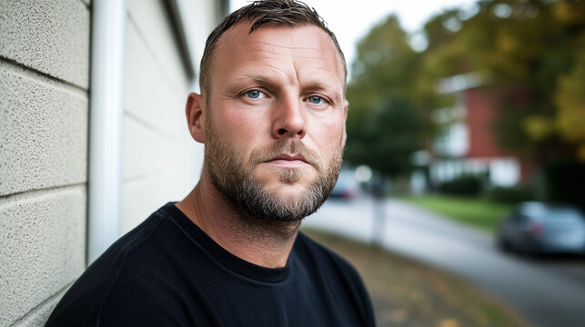 Serious man with beard wearing black shirt outside