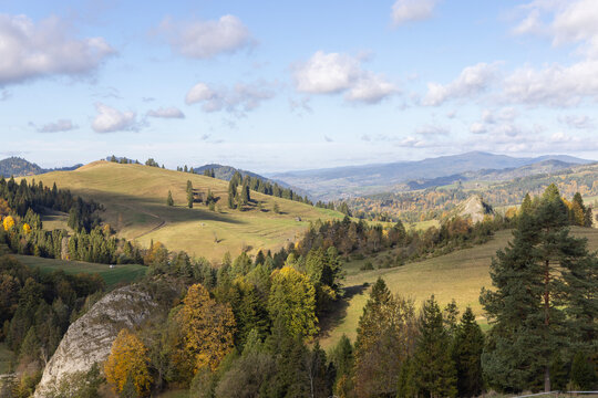 Picturesque view of the autumn landscape in the Pieniny Mountains, colorful leaves on the trees, Szczawnica, Poland