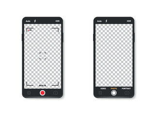 Smartphone Camera Interface: Viewfinder, Grid, Buttons, Lights, and Focus Controls in Mobile Photography Apps. Vector