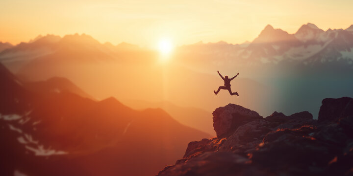 Silhouette of a hiker leaping from a cliff in the mountains at sunrise, symbolizing adventure, risk-taking, and the pursuit of goals in a serene and inspirational landscape