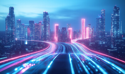 Naklejka premium Futuristic neon-lit cityscape at dusk with glowing highways symbolizing fast-paced data and technology advancements