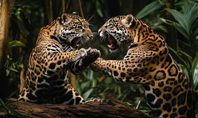 Naklejka premium Two jaguars face each other, snarling.