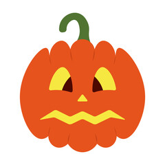 Pumpkin. Anxious facial expression. Orange vegetable. Color vector illustration. Isolated white background. Flat style. Halloween symbol. Scared grimace. Idea for web design.