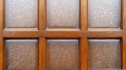 The look through a rustic wooden window reveals a serene winter forest blanketed in snow, with gentle tree branches visible and soft curtains framing the tranquil view