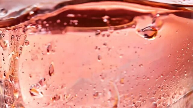 Rose Wine Texture: Close-up of chilled ros&eacute; wine with condensation droplets, showcasing its vibrant color and refreshing texture. Perfect for beverage, summer, and lifestyle concepts.