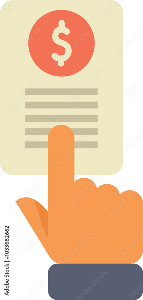 Poster hand with index finger extended pointing at an invoice with a dollar sign
