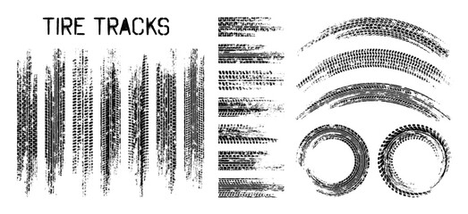 Grunge tire tracks, wheel braking marks. Truck, car or motorcycle tread pattern silhouettes. Auto race, motorsport, speed racing design element. Vector illustration © 32 pixels