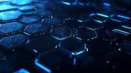 Obraz premium Abstract Blue Hexagon Pattern with Glowing Edges and Dotted Surfaces