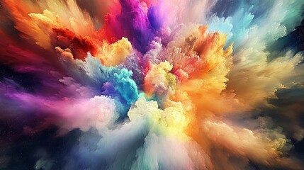 Fototapeta premium Colorful explosion clouds abstract art vibrant dreamy fantasy scene, rainbow burst dramatic skies vivid hues dynamic cloudscape