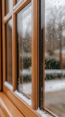 The look through a rustic wooden window reveals a serene winter forest blanketed in snow, with gentle tree branches visible and soft curtains framing the tranquil view