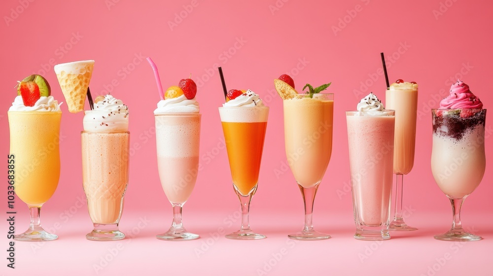 Poster a vibrant display of various drinks and milkshakes in tall glasses, adorned with toppings, showcases