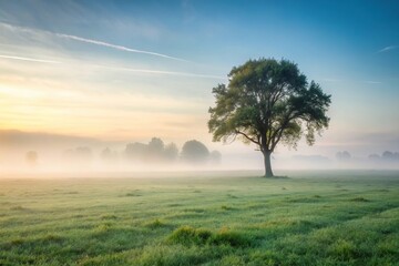 Foggy field with tree and grass, panoramic view