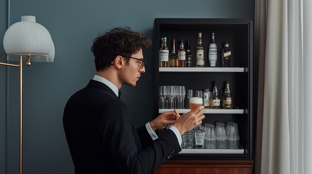 A man in a suit enjoying a drink from a modern minibar while standing in a stylish hotel room in the evening