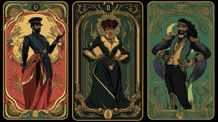 Art Nouveau tarot deck with treasure hunters Art Deco borders vintage influence