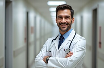 smiling male doctor in white professional clothes standing looking at camera with arms folded on chest, blurred white hospital corridor on background