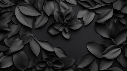 Elegant arrangement of black flower petals and blossoms on a dark background, creating a monochromatic, minimalist pattern with a sense of depth and texture