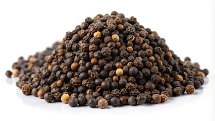 Forced perspective of black pepper isolated on white background