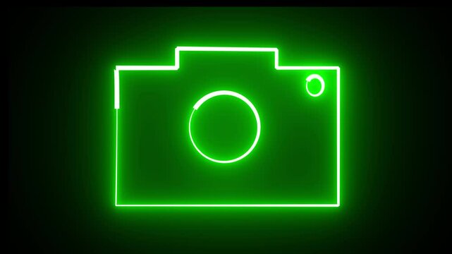 Abstract rendering glowing neon symbol of photo camera animation. Luminous signboard camera motion graphics.