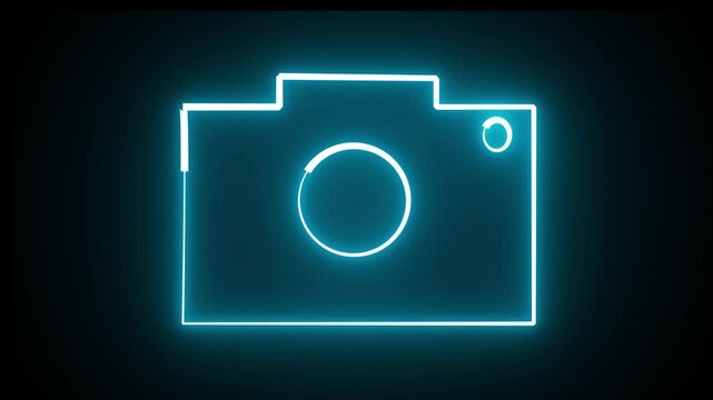 Abstract rendering glowing neon symbol of photo camera animation. Luminous signboard camera motion graphics.