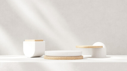 3D background with white tones and a podium set, featuring a play of light and shadow. An abstract geometric composition in a minimalist design. designed as a fashion stage for showcasing mockup scene