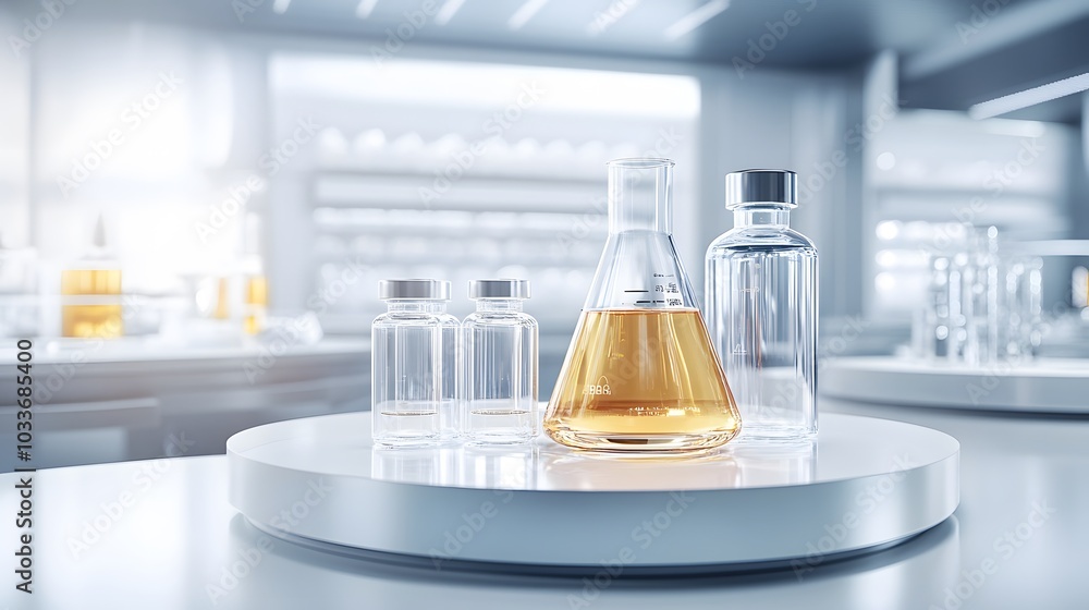 Poster glass flasks and bottles with liquid on a white platform in a laboratory setting