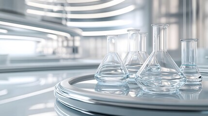 Glass Flasks on a Circular Platform in a Laboratory Setting