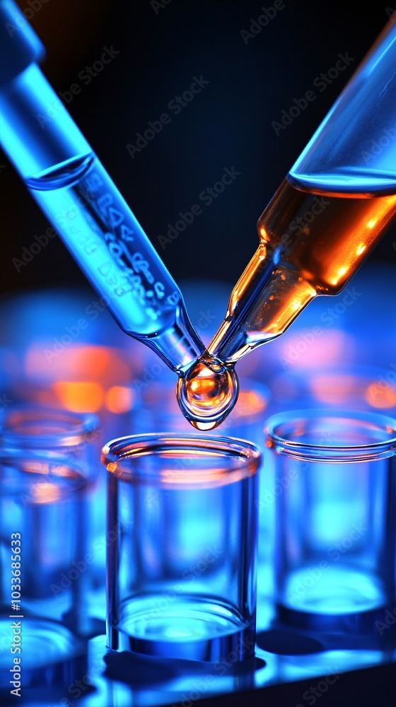 Poster close-up of pipette filling test tubes with liquid in a modern medical research lab on a bright clea