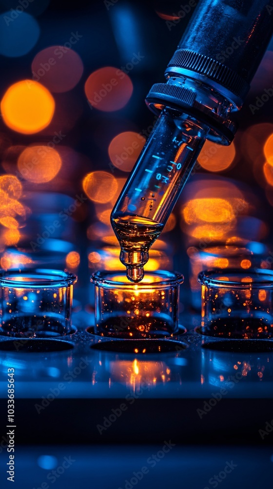 Poster close-up of pipette filling test tubes with liquid in a modern medical research lab on a bright clea