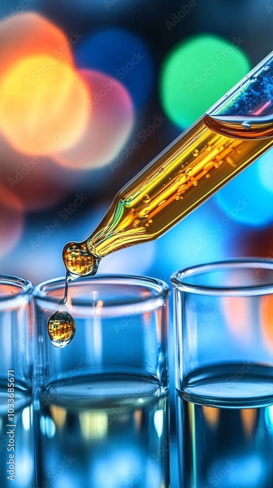 Poster close-up of pipette filling test tubes with liquid in a modern medical research lab on a bright clea