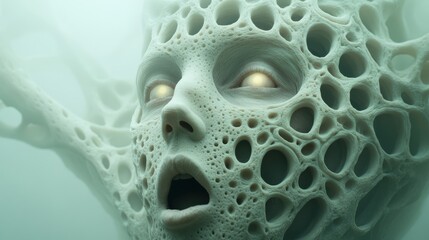 Ethereal face with porous texture and glowing eyes in a surreal, misty environment, AI