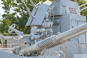 Machine gun navy artillery. Automated machine gun on the deck of a military Ukrainian ship, at sea....