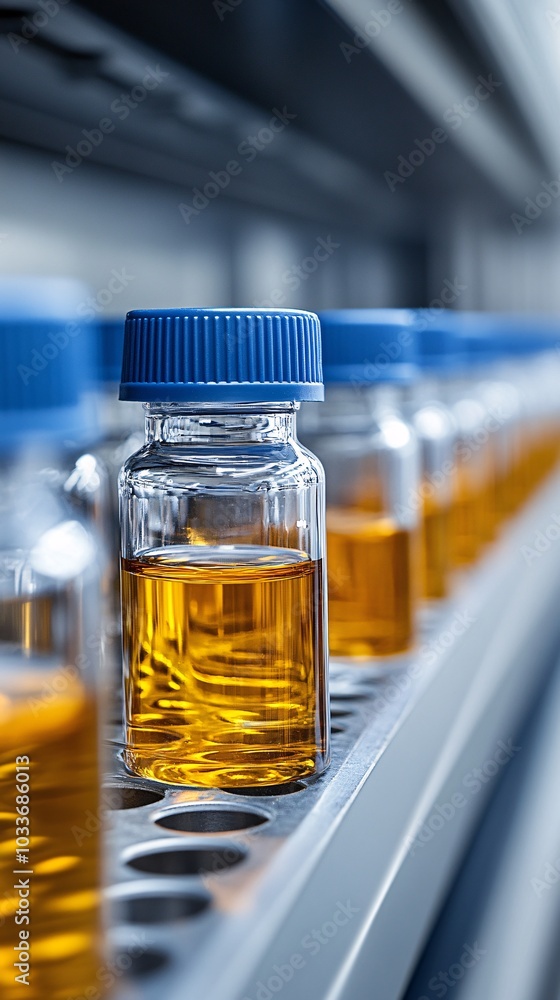 Aufkleber Microscope flasks and chemical vials set up in a clean lab environment for advanced medical research Stock Photo with side copy space