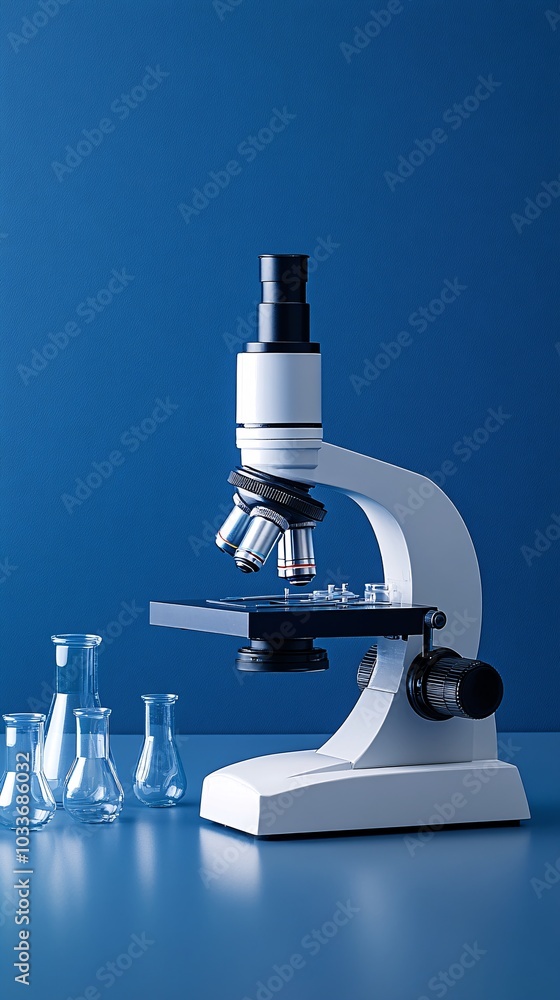 Poster microscope flasks and chemical vials set up in a clean lab environment for advanced medical research