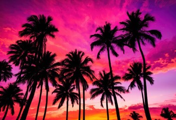 Obraz premium colorful silhouettes palm trees vibrant backgrounds creating artistic tropical scene, island, paradise, artwork, graphics, abstract, exotic, nature