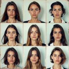 A series of headshots of women showing different facial expressions, presented in a retro photo booth style, with worn, dirty edges and faded colors for a vintage look